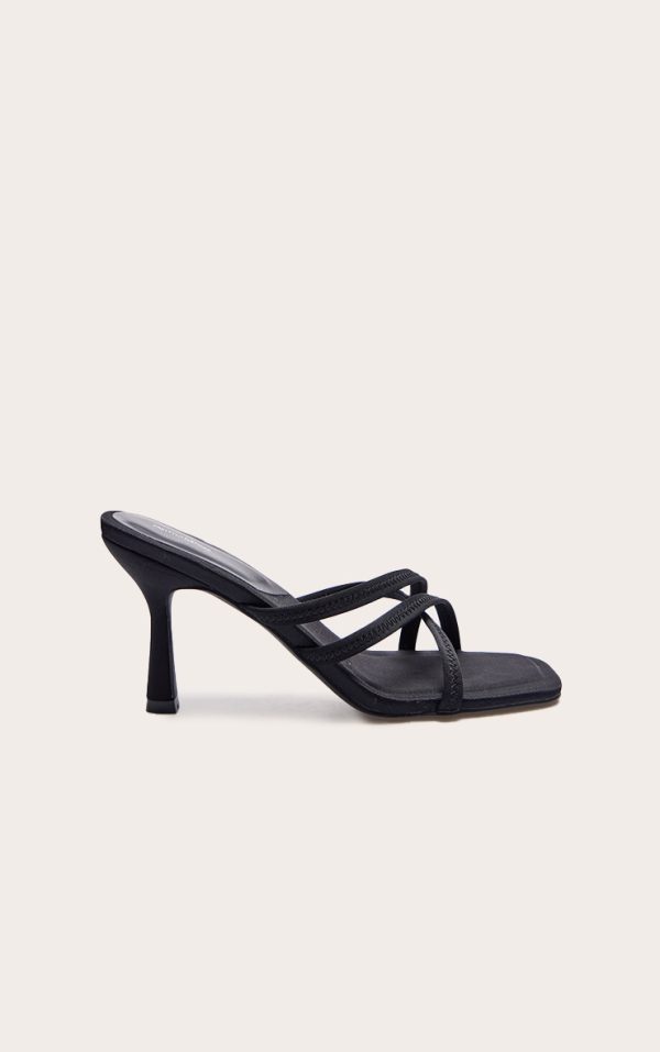Black Lycra Square Toe Cross Strap Heeled Mules