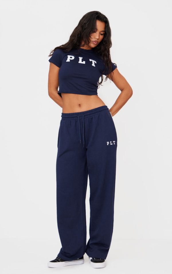 PRETTYLITTLETHING Navy Contrast Binding Wide Leg Sweatpants