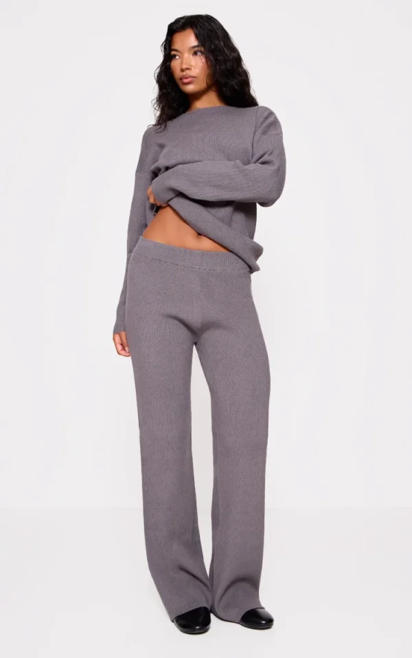 Grey Light Rib Knit Wide Leg Pants