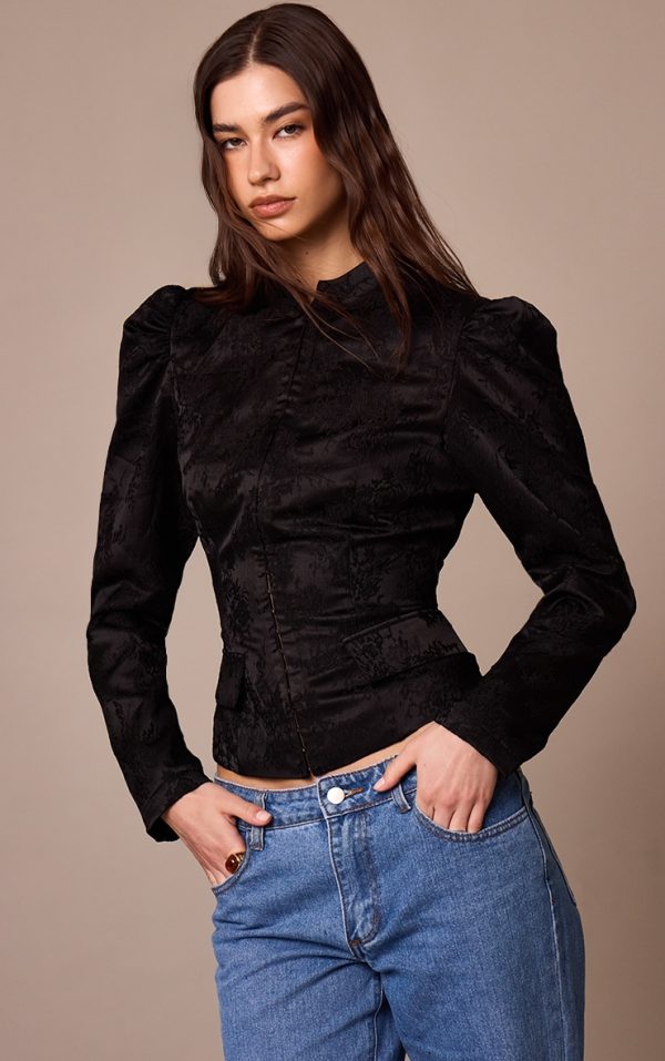 Black Lace High Neck Puff Sleeve Jacket