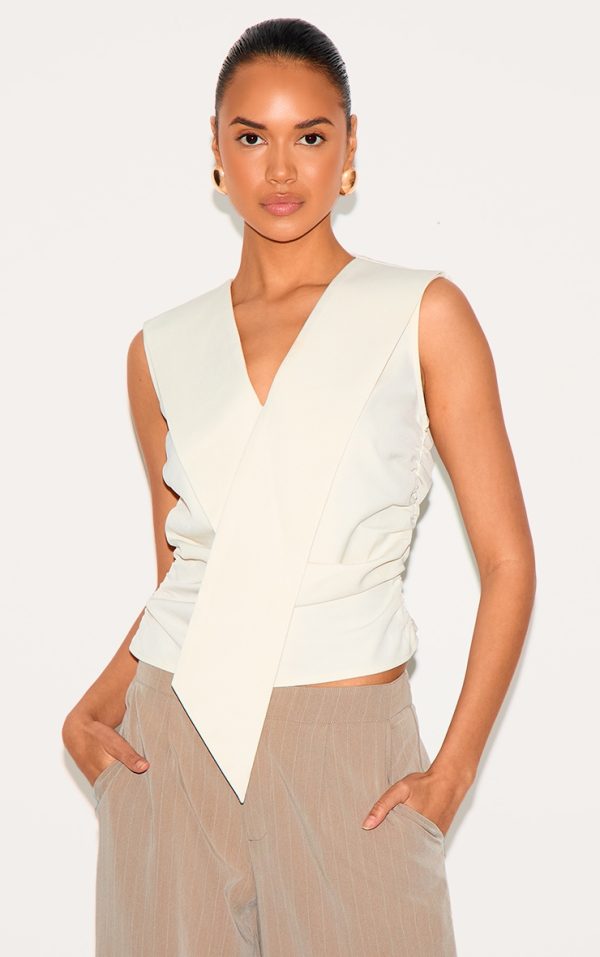 Cream Woven Asymmetric Fitted Vest