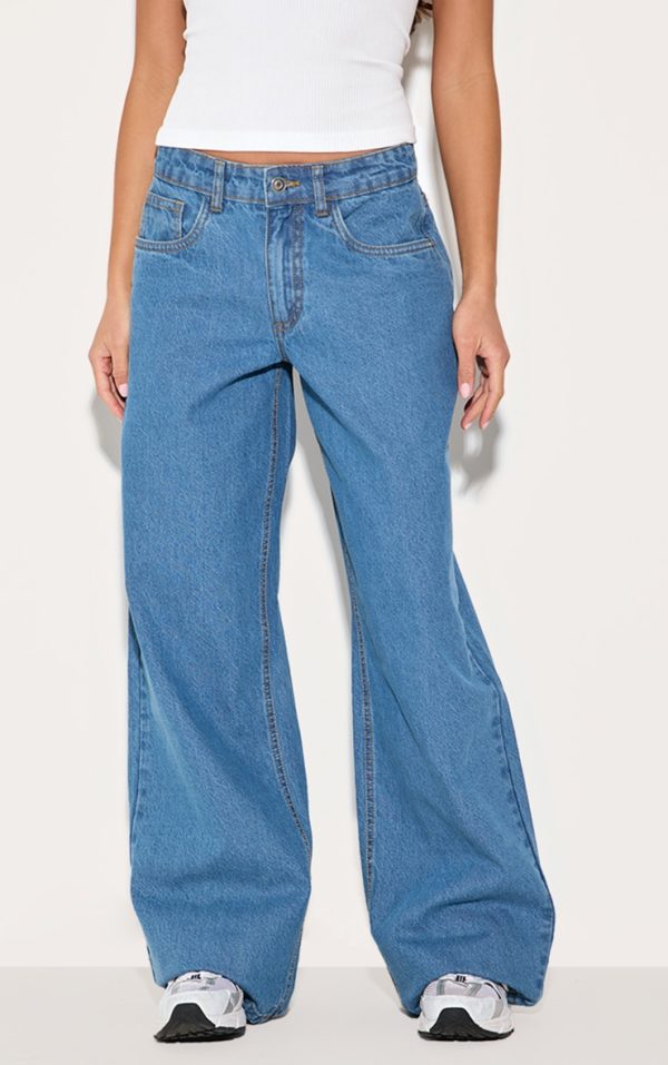 Mid Blue Wash Low Waist Wide Leg Jeans