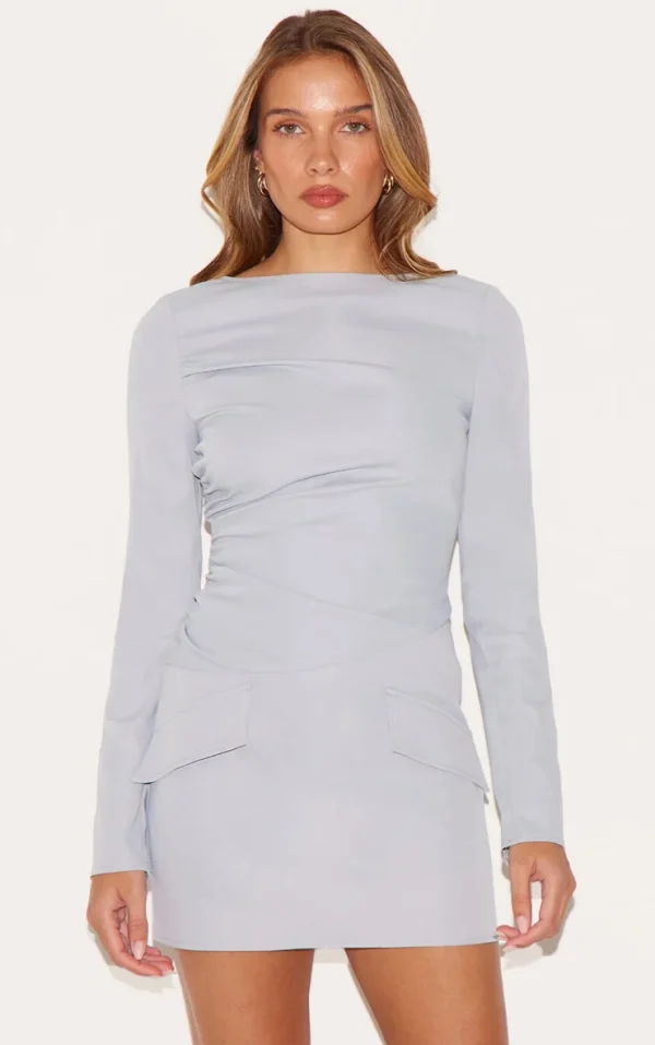 Grey Tailored Woven Ruched Detail Long Sleeve Bodycon Dress