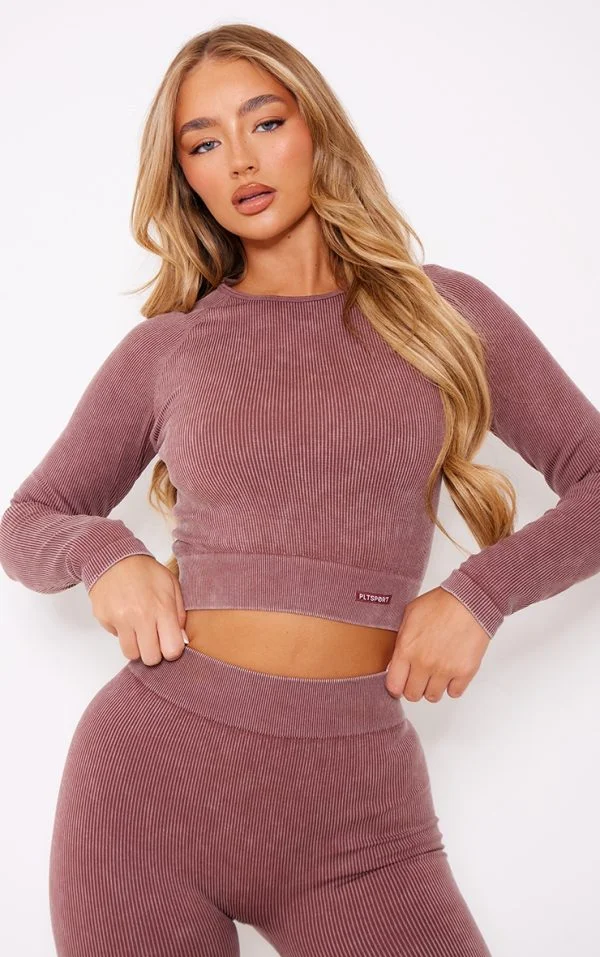 PLT SPORT Deep Brown Acid Wash Seamless Rib Long Sleeve Sports Top