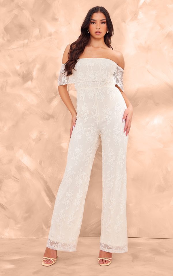Butter Cream Shimmer Floral Lace Bardot Jumpsuit