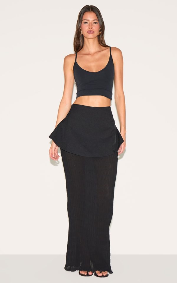 Black Overlay Detail Textured Woven Maxi Skirt