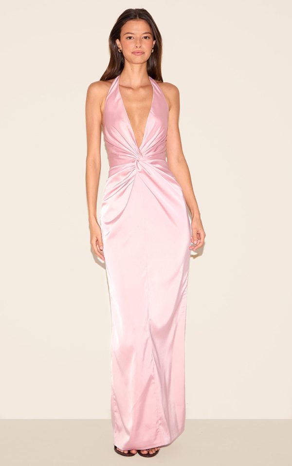 Pink Bridesmaid Satin Twist Detail Halterneck Maxi Dress