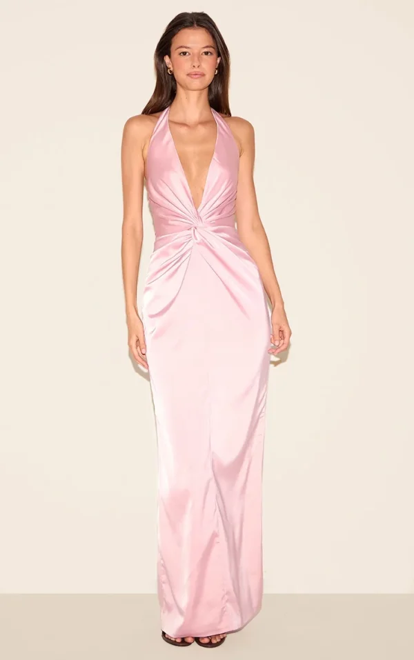 Pink Bridesmaid Satin Twist Detail Halterneck Maxi Dress