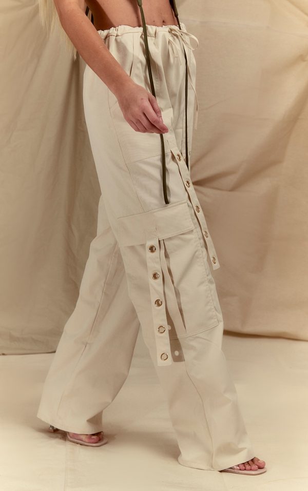 Cream Ring Detail Drawstring Cargo Pants