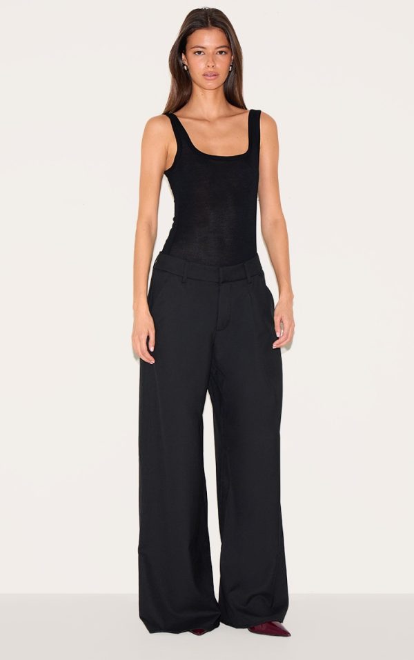 Black Woven Double Pleat Wide Leg Pants