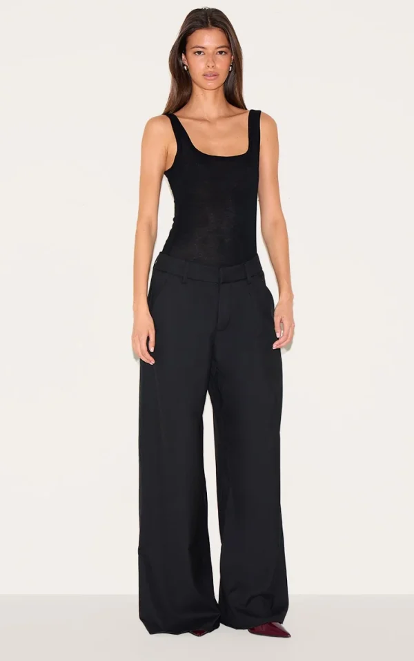 Black Woven Double Pleat Wide Leg Pants