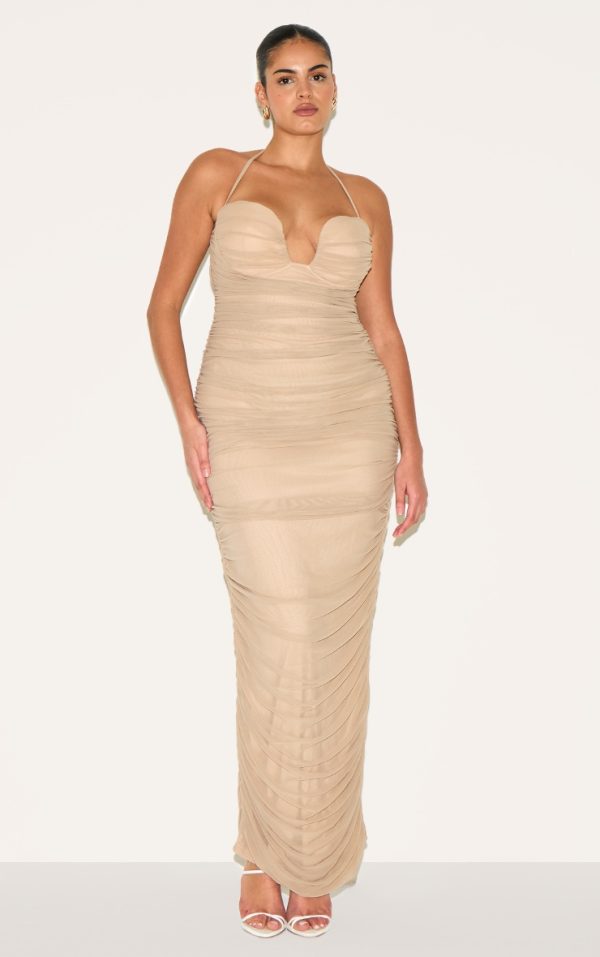 Plus Mushroom Mesh Ruched Bandeau Maxi Dress