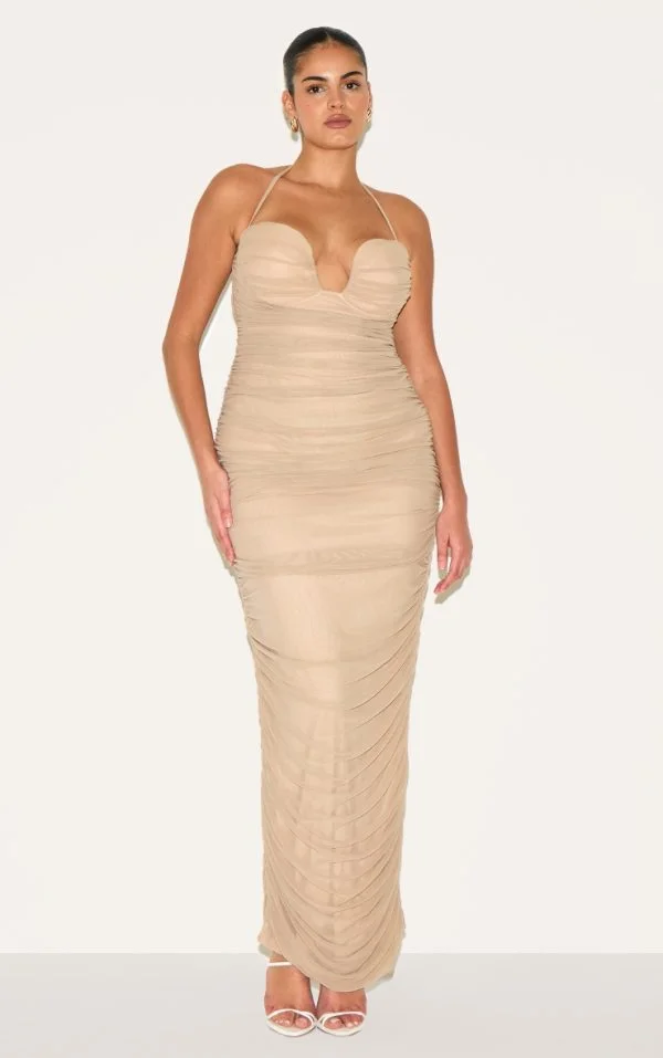 Plus Mushroom Mesh Ruched Bandeau Maxi Dress