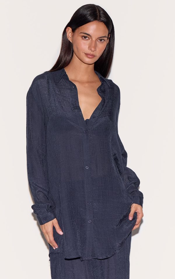 Navy Linen Look Oversized Beach Shirt