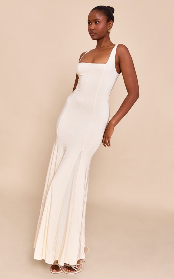 Cream Double Layer Soft Touch Scoop Neck Maxi Dress