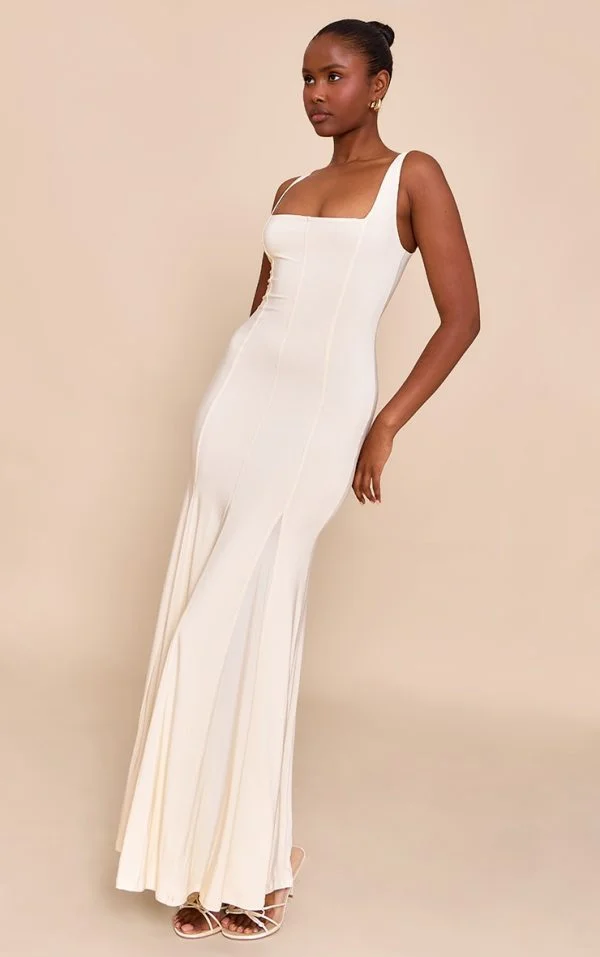 Cream Double Layer Soft Touch Scoop Neck Maxi Dress