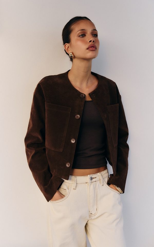 Brown Suede Look Boxy Button Up Jacket