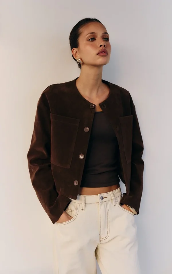 Brown Suede Look Boxy Button Up Jacket