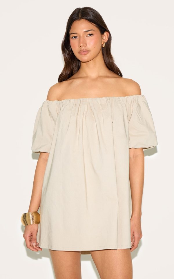 Stone Bardot Puff Sleeve Shift Dress