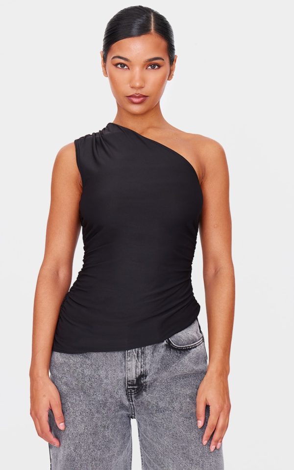 Black Asymmetric Ruched Side Longline Top