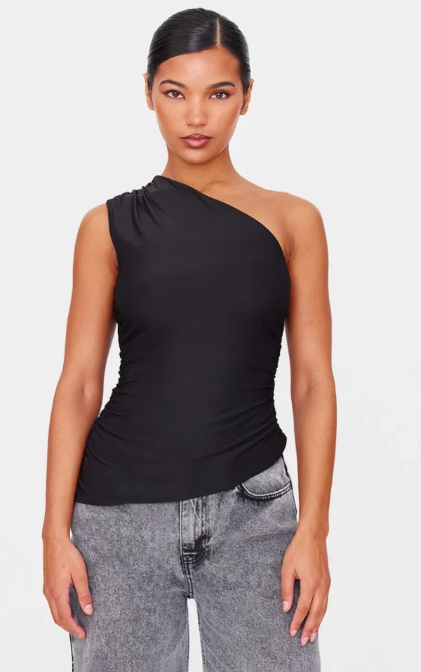 Black Asymmetric Ruched Side Longline Top