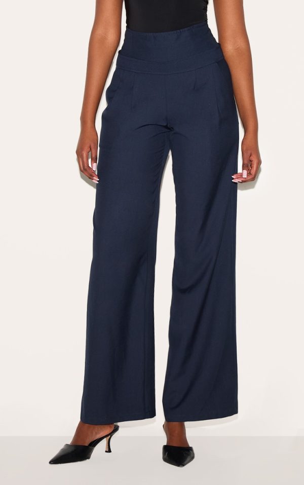 Navy High Waisted Corset Detail Tailored Pants