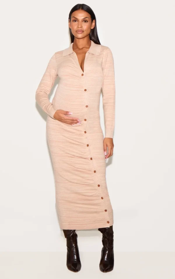 Maternity Stone Knitted Asymmetric Buttons Ruched Bump Midi Dress