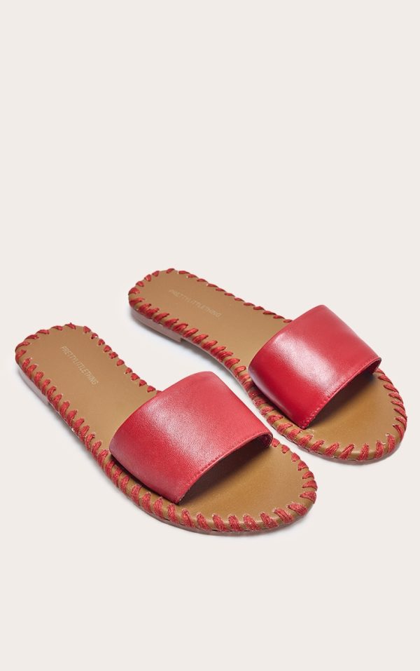 Red Real Leather Round Toe Stitch Detail Mule Sandals