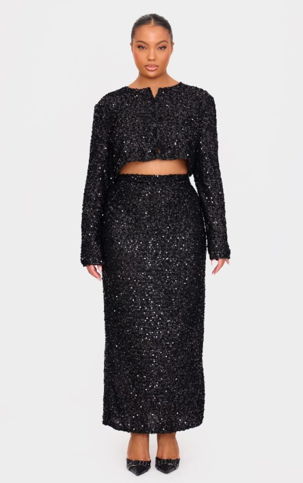 Plus Black Sequin Maxi Skirt
