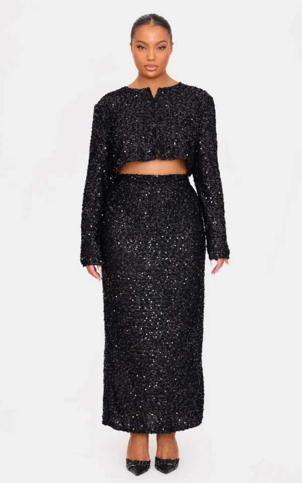 Plus Black Sequin Maxi Skirt