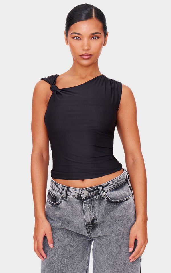 Black Slinky Knot Strap Detail Long Top
