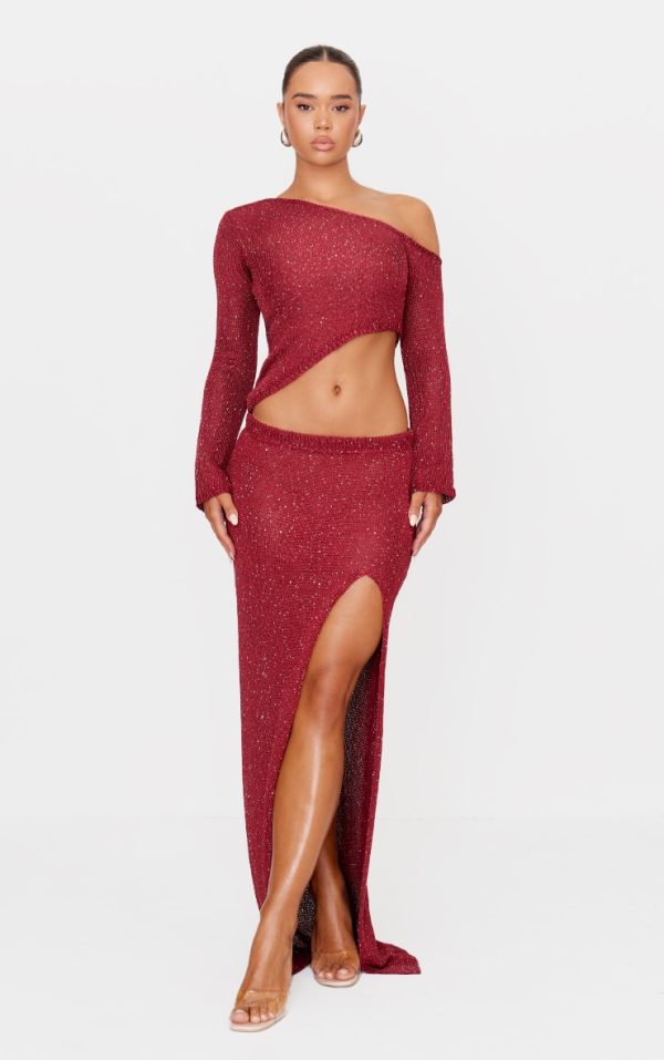 Wine Sequin Knit Side Split Maxi Skirt