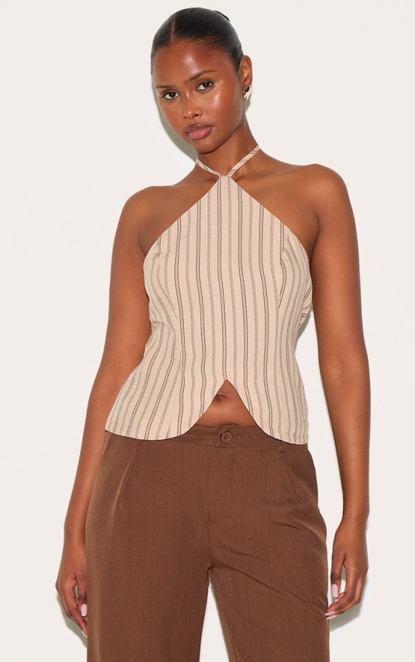 Beige Striped Halterneck Long Top