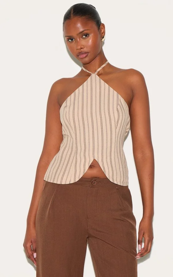 Beige Striped Halterneck Long Top