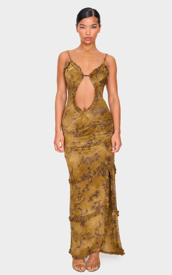 Green Floral Printed Devore Cut Out Cami Split Hem Maxi Dress