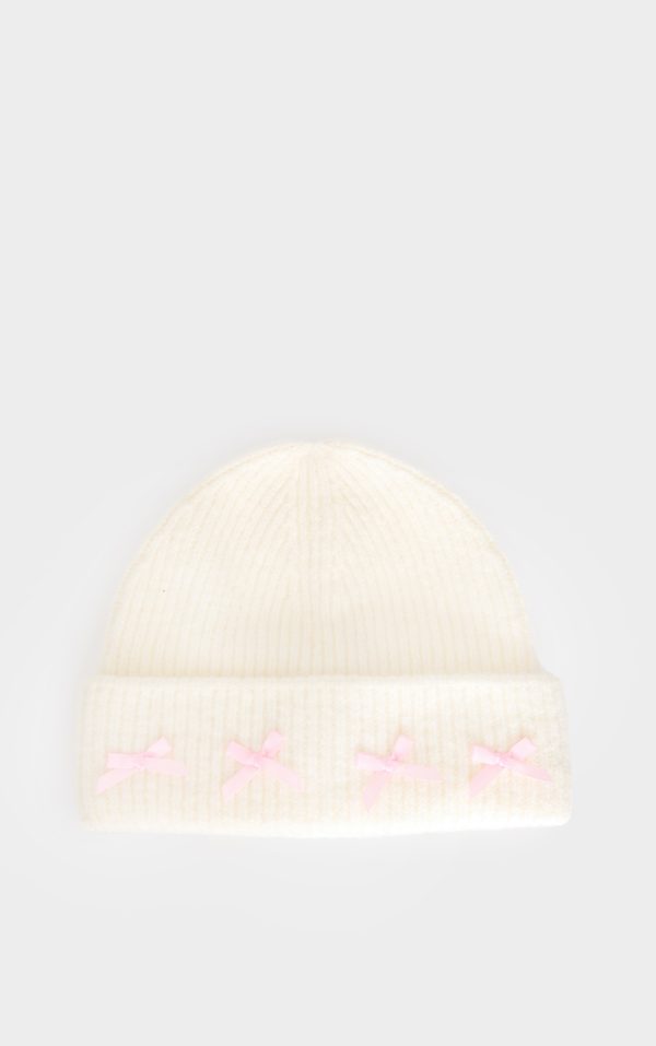 Cream Bow Detail Ribbed Beanie