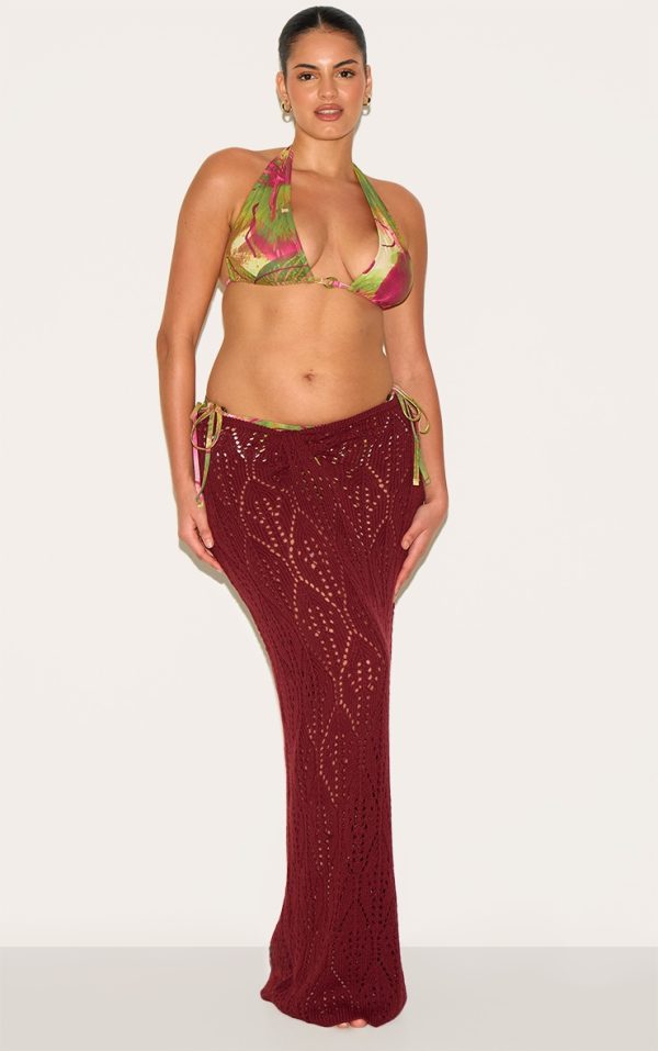 Plus Burgundy Crochet Maxi Knot Detail Beach Skirt
