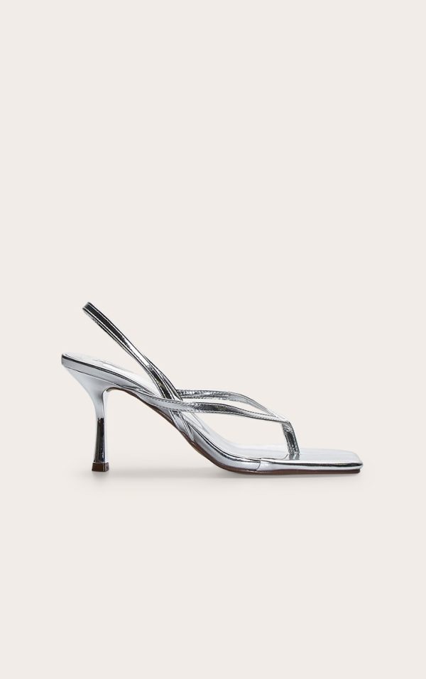 Silver Pu Square Toe Thong Sling Back Mid Heeled Sandals