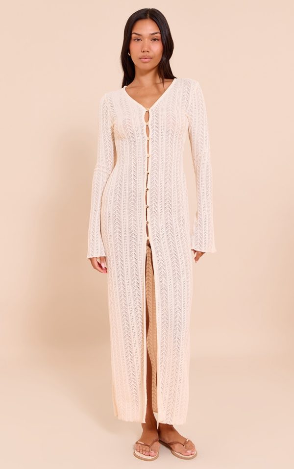 Cream Textured Button Flared Sleeve Maxi Dress