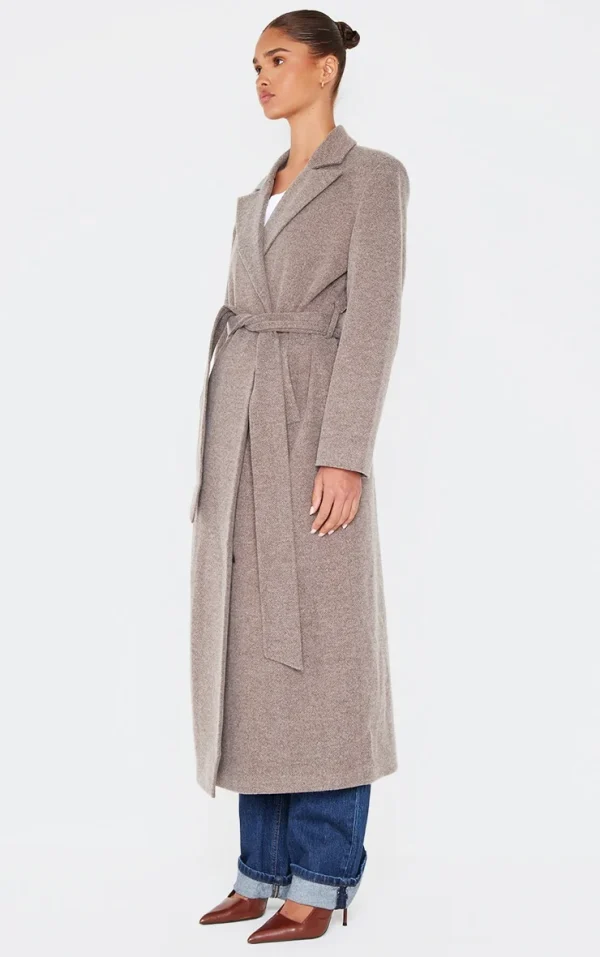 Mushroom Herringbone Self Tie Maxi Coat