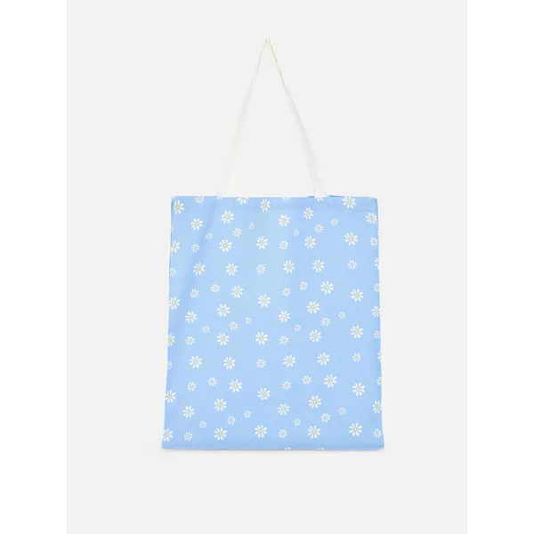 Daisy Print Reusable Canvas Bag - Light Blue