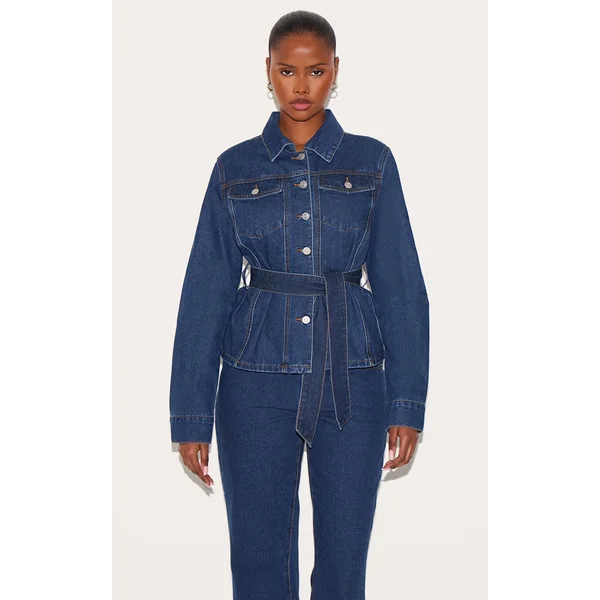 Dark Blue Contrast Stitch Cinched Waist Belted Denim Jacket