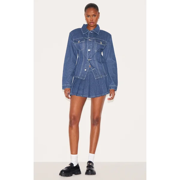Dark Blue Contrast Stitch Pleated Denim Mini Skirt