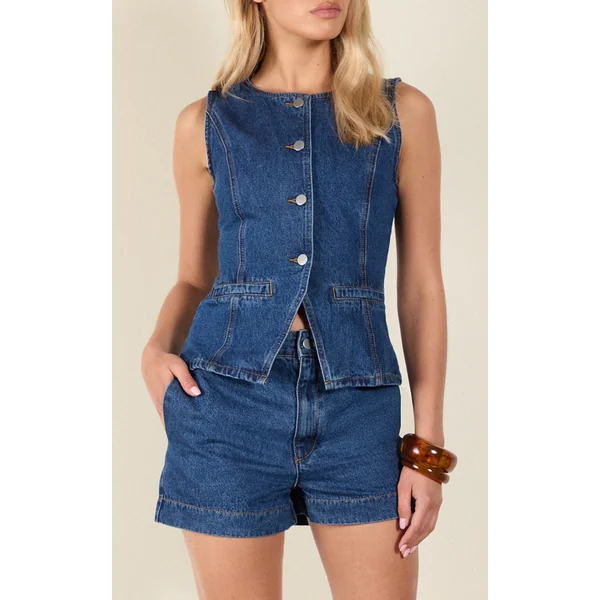 Dark Blue High Waist Tailored Denim Shorts