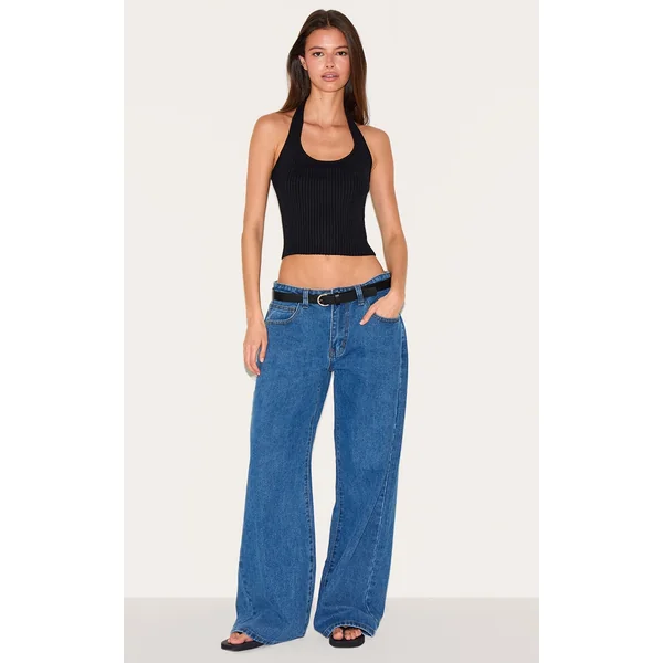 Dark Blue Low Rise Wide Leg Jeans