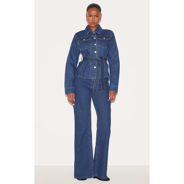 Dark Blue Mid Waist Contrast Stitch Flared Jeans