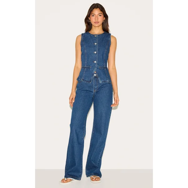 Dark Blue Mid Waist Straight Leg Jeans