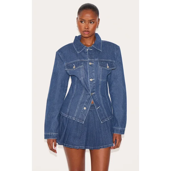 Dark Blue Shoulder Pad Cinch Waist Denim Trucker Jacket