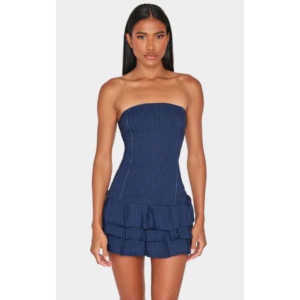 Dark Blue Stitch Detail Bandeau Frilled Shift Dress