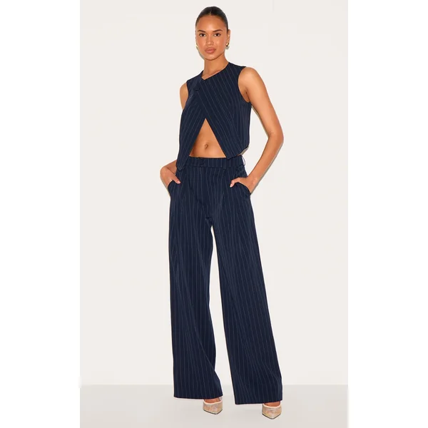 Dark Blue Tailored Woven Stripe Mid Rise Wide Leg Pants